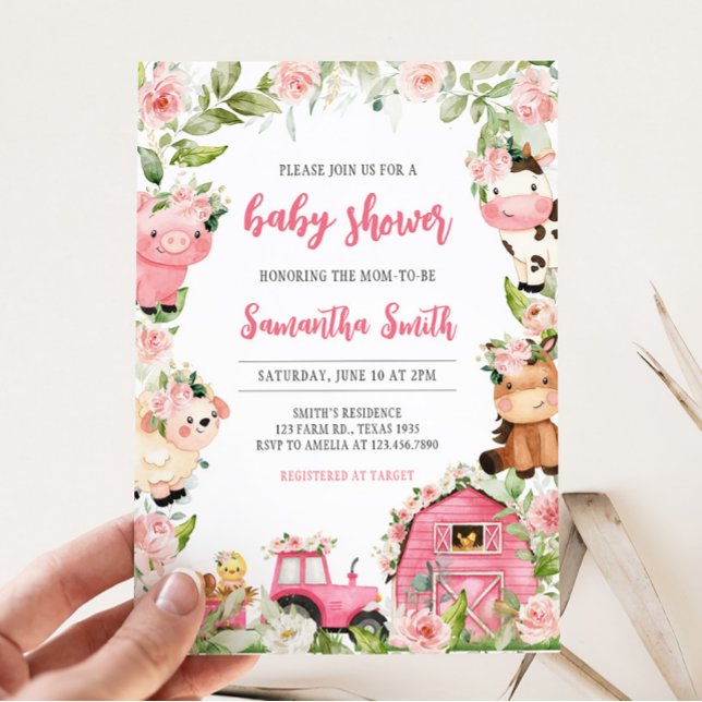 Convite Fazenda Floral Rosa Chá de fraldas (Floral Pink Barnyard Baby Shower Invitation)
