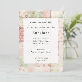 Convite Fazenda Mint Pink Floral Quilor Padrões Aniversári