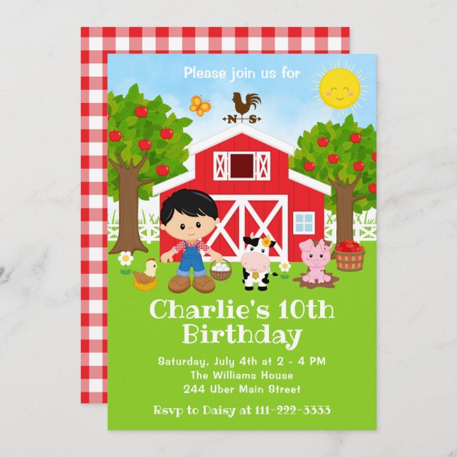 Convite Fazenda Red Barnyard Birthday Black Hair Boy (Frente/Verso)