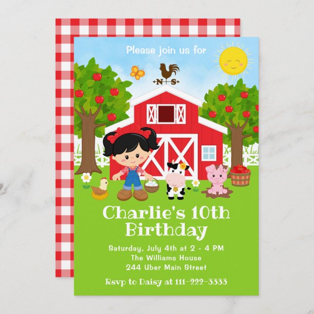 Convite Fazenda Red Barnyard Birthday Black Hair Girl (Frente/Verso)