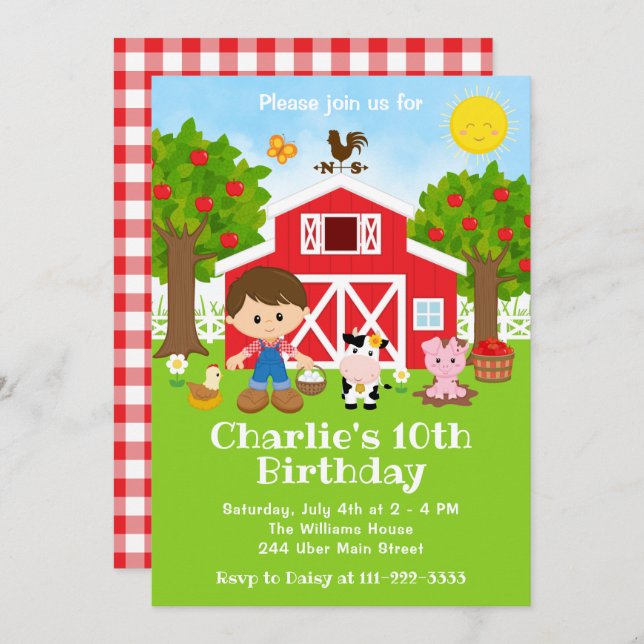 Convite Fazenda Red Barnyard Birthday Brown Hair Boy (Frente/Verso)