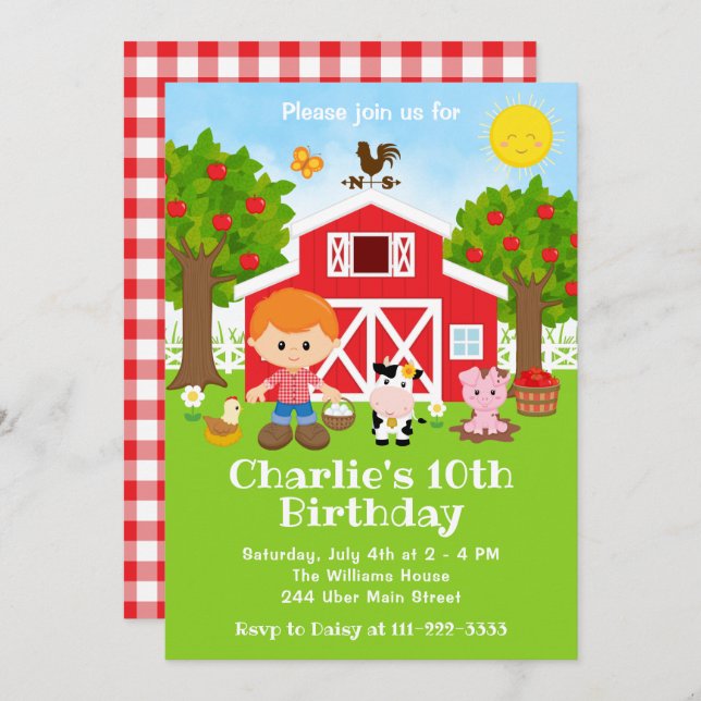 Convite Fazenda Red Barnyard Birthday Red Hair Boy (Frente/Verso)