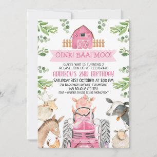 Convite Fazenda Trator Rosa Oink Baa Moo 2º Aniversário