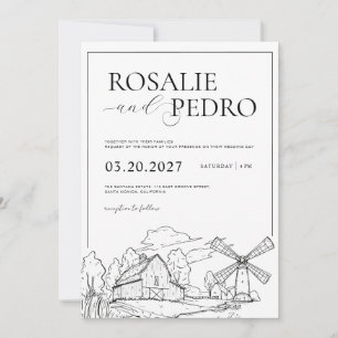 Convite Fazenda White Barn Arte Linear Casamento Rústico E