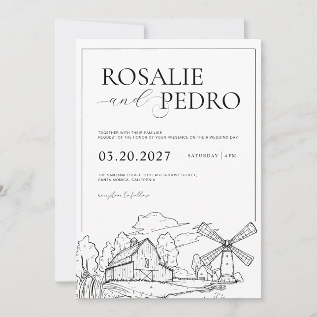 Convite Fazenda White Barn Arte Linear Casamento Rústico E (Frente)