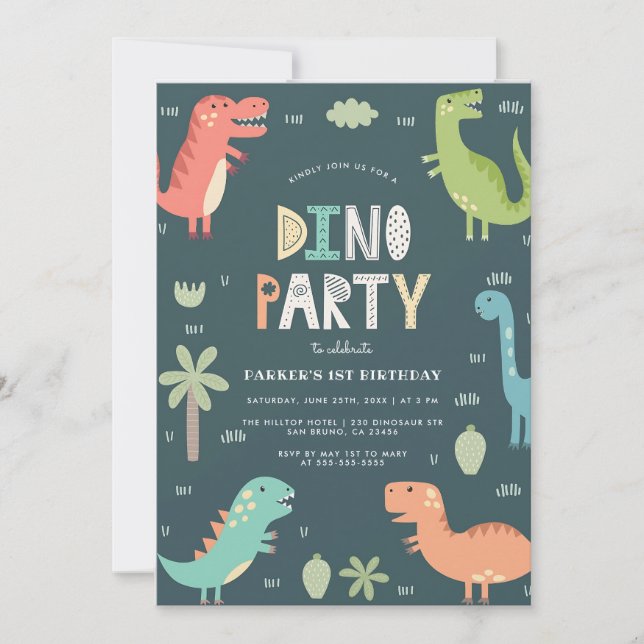 Convite Fazendo Aniversário com Dinossauros Fofos Azul (Frente)