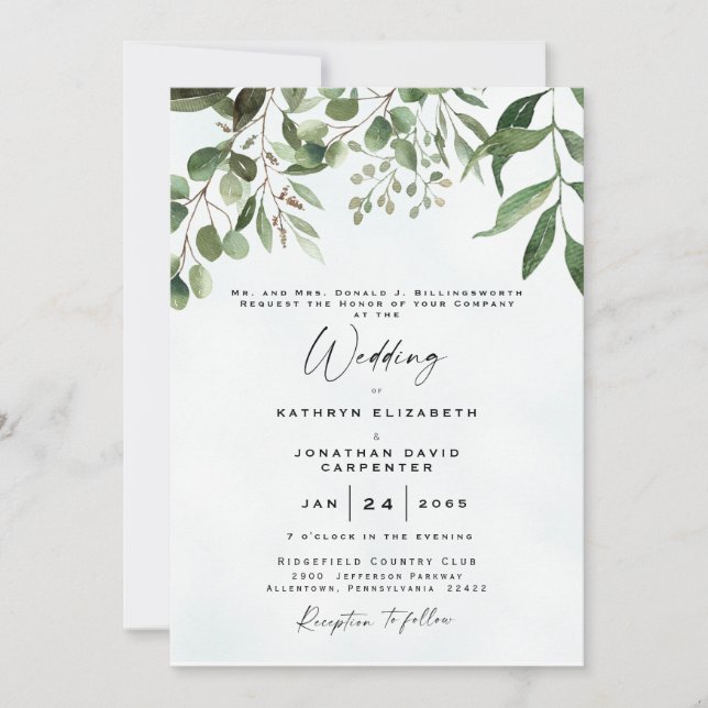 Convite Fazendo Ucalyptus Elegant Watercolor Casamento I (Frente)