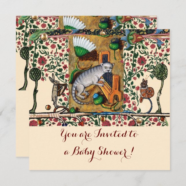 Convite FAZER DE MÚSICA ANIMALA CAT JOGANDO Chá de fraldas (Frente/Verso)