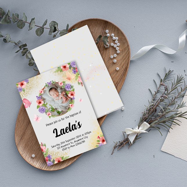 Convite Fé Flutuante: Foto do Batismo Moderno da Borboleta (Modern Butterfly Baptism Photo Invitation)