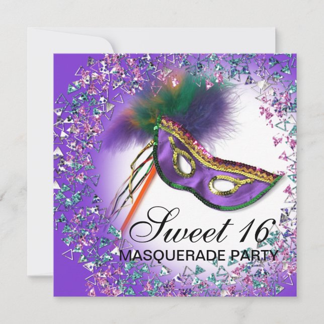 Convite Feather Mask Purple Sweet 16 Party Mascarada (Frente)