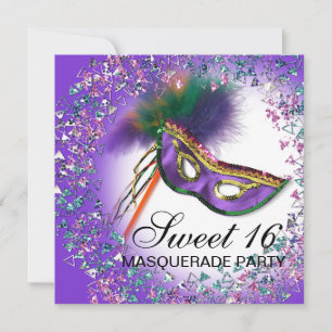 Convite Feather Mask Purple Sweet 16 Party Mascarada