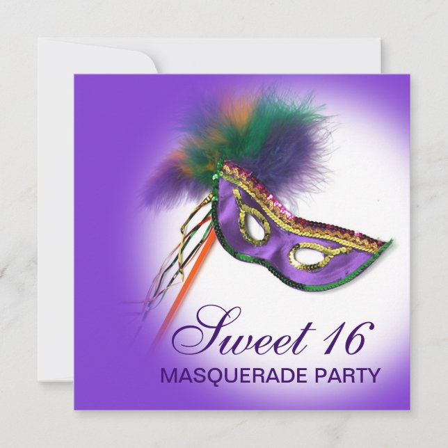 Convite Feather Mask Purple Sweet 16 Party Mascarada (Frente)