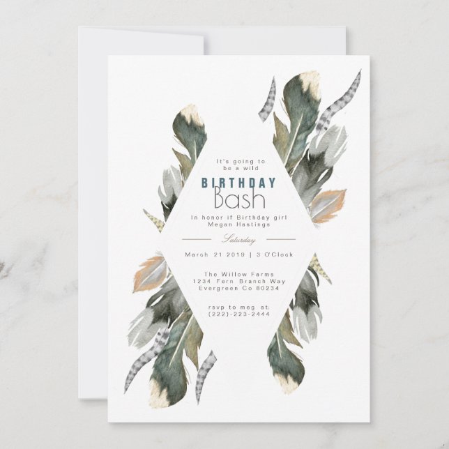 Convite Feather Watercolor | Boho Birthday Invite (Frente)