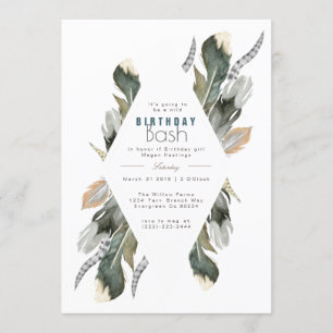 Convite Feather Watercolor Boho Birthday Invite