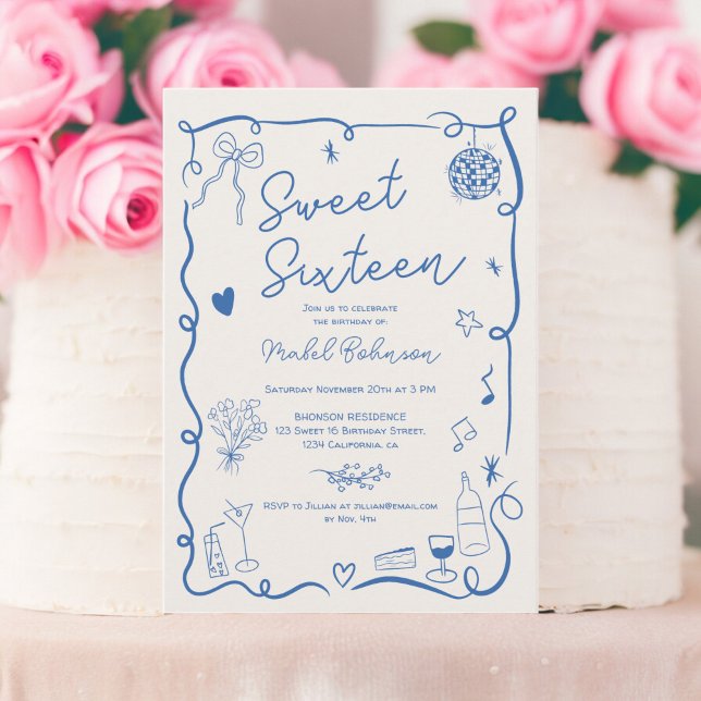 Convite Febre azul retrô desenhada em francês ilustrada Do (Retro blue French hand drawn illustrated Sweet 16 Invitation)