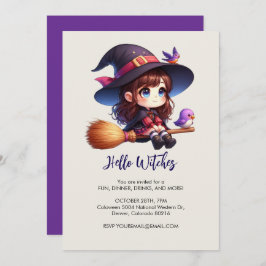 Convite Feiticeira Bonita Adorável com 2 pássaros, Hallowe