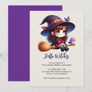 Convite Feiticeira Bonita Adorável com 2 pássaros, Hallowe