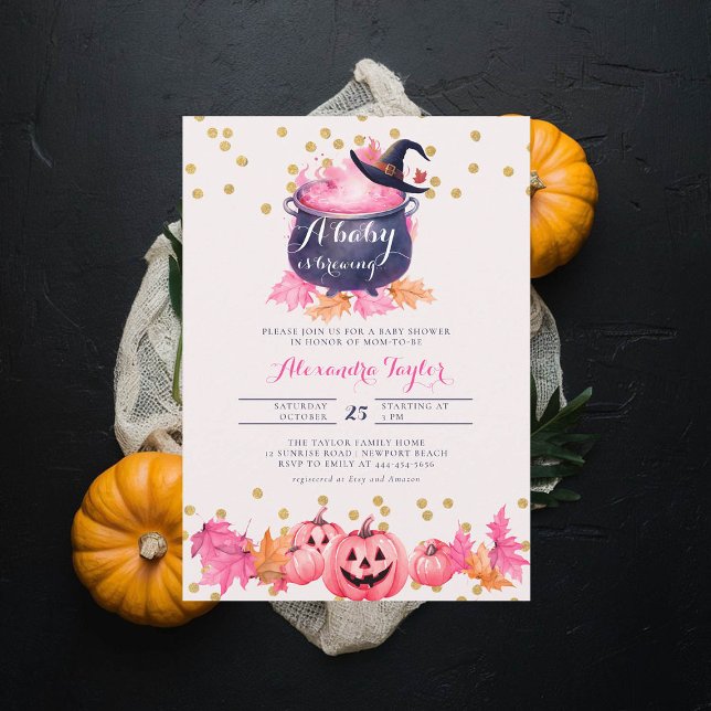 Convite Feiticeira das Halloween Cai Boca-rosa Chá (halloween baby shower witch cauldron pumpkin invitation october novermber fall leaves pink blush)