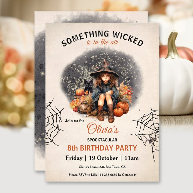 Convite Feiticeira e Garota do Dia das Bruxas (Cute Witch and Cat Halloween Girls' Birthday Invitation)