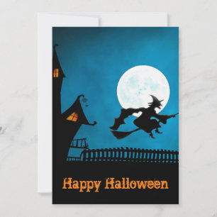 Convite Feiticeira Voadora Spooky: Halloween Negro e Azul