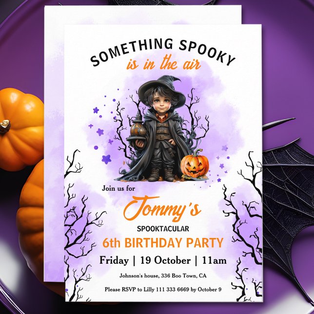 Convite Feiticeiro Roxo-Laranja Dia de Aniversário do Dia  (Cute Wizard Purple Orange Halloween Birthday Invitation)