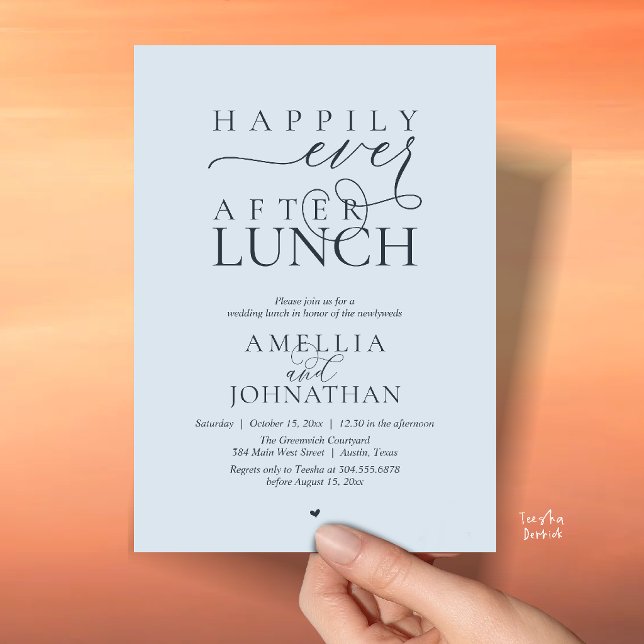 Convite Felicemente Depois do Almoço Casamento Moderno Fug (Happily Ever After Lunch Modern Wedding Elopement Invitation Card in misty blue)