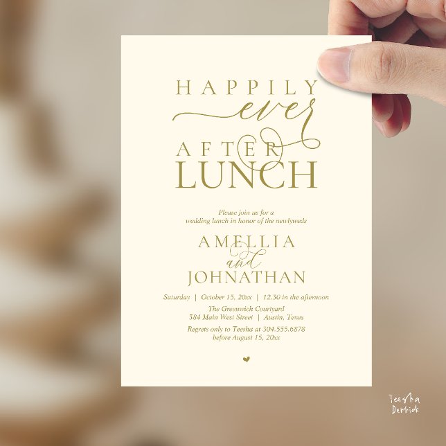 Convite Felicemente Depois do Almoço Fuga Romântica de Cas (Happily Ever After Lunch Modern Wedding Elopement Invitation Card in yellow gold cream)
