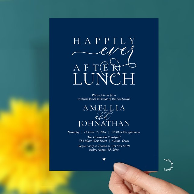 Convite Felicemente Depois do Almoço Fuga Romântica de Cas (Happily Ever After Lunch Modern Wedding Elopement Invitation Card in navy blue)