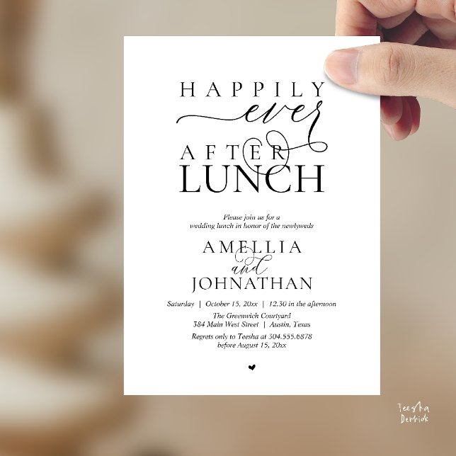 Convite Felicemente Depois do Almoço Fuga Romântica de Cas (Happily Ever After Lunch Modern Wedding Elopement Invitation Card in black and white)