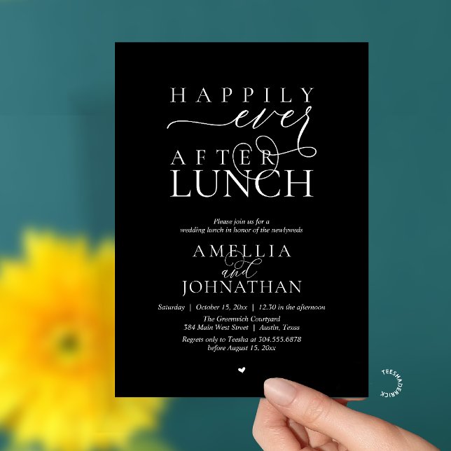 Convite Felicemente Depois do Almoço Fuga Romântica de Cas (Happily Ever After Lunch Modern Wedding Elopement Invitation Card in black and white)