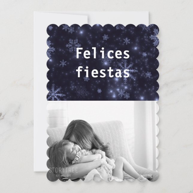 Convite Felices Fiestas Snowflakes Meia-Noite Blue Flat Ca (Frente)