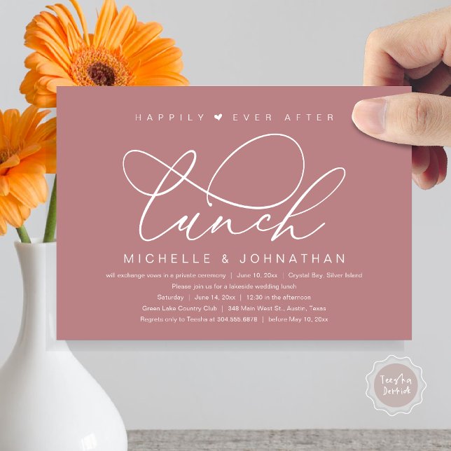 Convite Felicidade após o Almoço, Festa Romântica Moderna (Happily Ever After Lunch Invitation Card, PDF, Wedding Elopement, Romantic Heart, Dusty Rose Pink)