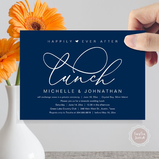 Convite Felicidade após o Almoço, Festa Romântica Moderna (Happily Ever After Lunch Invitation Card, PDF, Wedding Elopement, Romantic Heart, Classy Navy Blue)