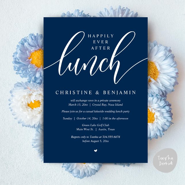 Convite Felicidade Após o Almoço, Fuga, Roteiro Moderno (Happily Ever After Lunch, Elopement Card, PDF, Modern Wedding, in Navy Blue)