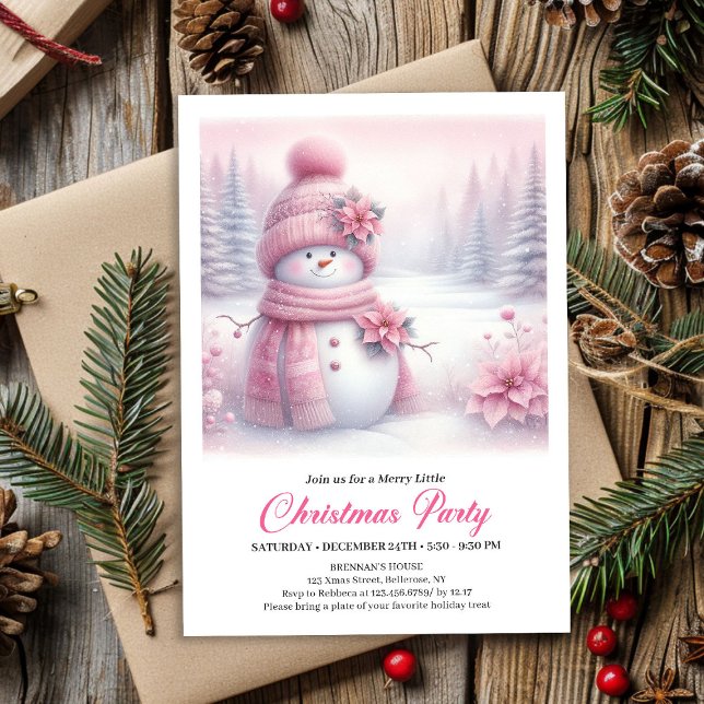 Convite Felicidade Boneca de Neve Rosa Comestível Natal  (Happy Pink Coquette Snowman Editable Christmas Invite File)