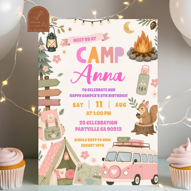 Convite Felicidade de Menina Acampamento Rosa Aniversário  (Criador carregado)