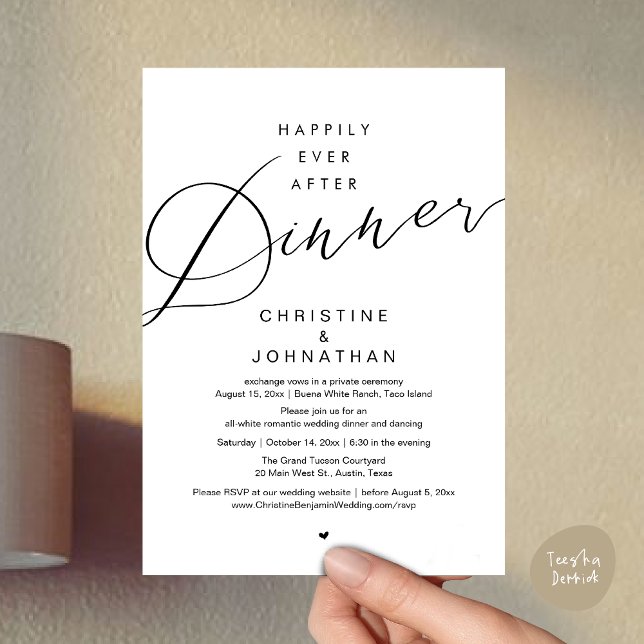 Convite Felicidade Depois do Jantar, Casamento Moderno e R (Happily Ever After Dinner, Modern Romantic Wedding Invites Card, PDF, Minimalist Clean, White Black)