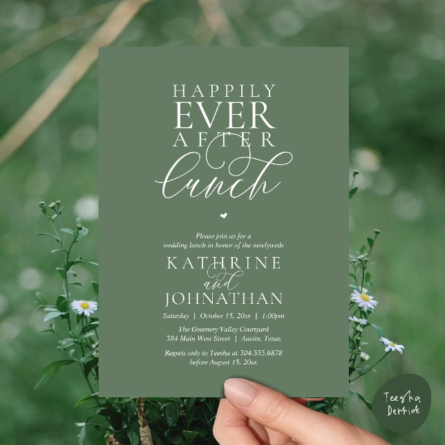 Convite Felicidade Eterna Após Almoço Casamento Clássico F (Happily Ever After Lunch Classy Wedding Elopement Invitation card in sage green)