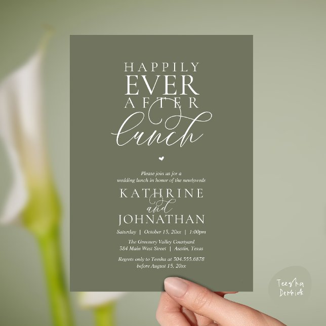 Convite Felicidade Eterna Após Almoço Casamento Clássico F (Happily Ever After Lunch Classy Wedding Elopement Invitation card in olive sage green)
