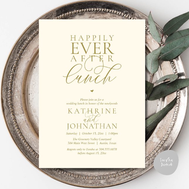Convite Felicidade Eterna Após Almoço Casamento Clássico F (Happily Ever After Lunch Classy Wedding Elopement Invitation card in yellow gold)