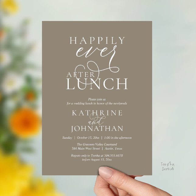 Convite Felicidade Eterna Após Almoço Pós-Casamento Fuga (Happily Ever After Lunch Post Wedding Elopement Invitation card, luncheon love laughter  Taupe brown)