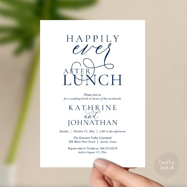 Convite Felicidade Eterna Após Almoço Pós-Casamento Fuga (Happily Ever After Lunch Post Wedding Elopement Invitation card, luncheon love laughter  navy blue)