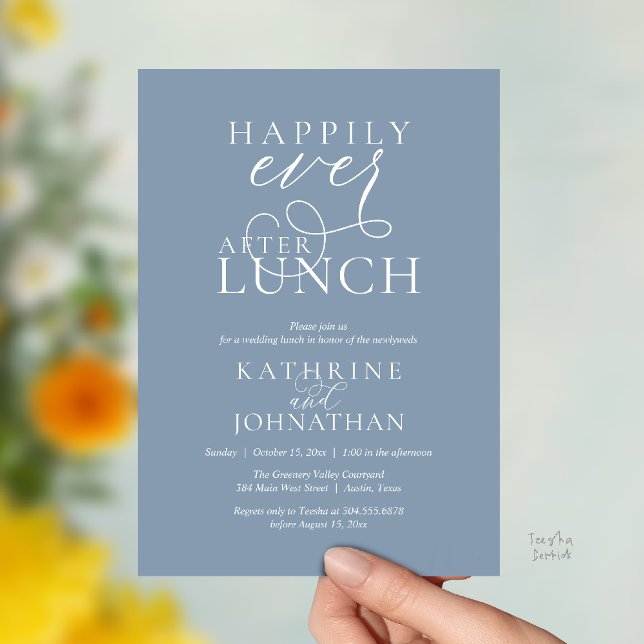 Convite Felicidade Eterna Após Almoço Pós-Casamento Fuga (Happily Ever After Lunch Post Wedding Elopement Invitation card, luncheon love laughter  dusty blue)