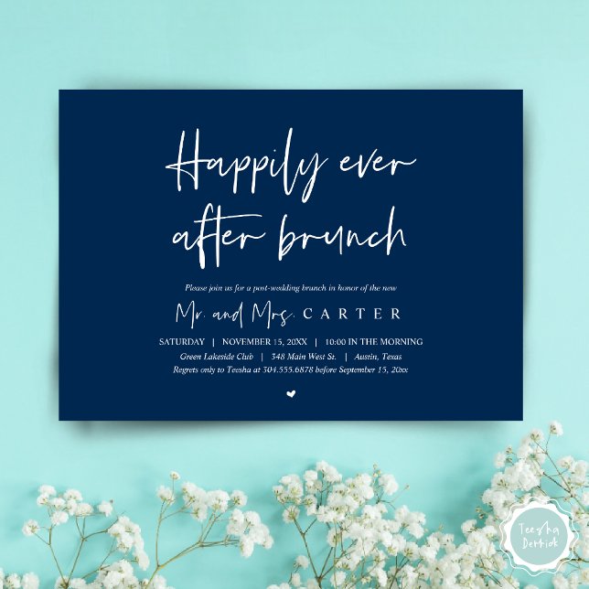 Convite Felicidade eterna após o brunch, moderno pós-casam (Happily ever after brunch, Modern post wedding Invitation Card, PDF, in timeless Navy Blue)