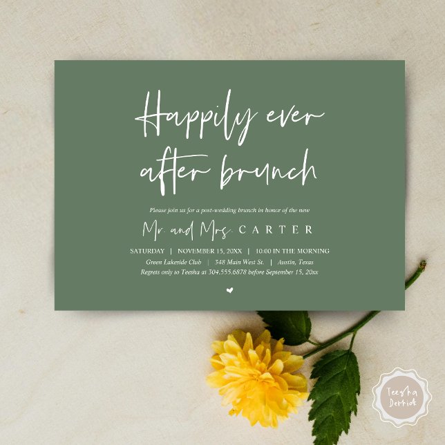 Convite Felicidade eterna após o brunch, Pós-casamento mod (Happily ever after brunch, Modern post wedding Invitation Card, PDF, in timeless forest sage green)
