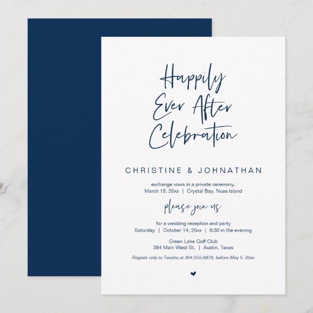 Convite Felicidade Eterna, Azul Marinho, Casamento Intimo (Frente/Verso)