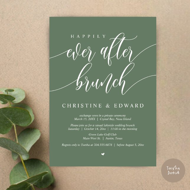 Convite Felicidade Eterna Brunch de Casamento Clandestino, (Happily Ever After Elopement Brunch Invitation Card, Post-wedding, PDF, in Forest Sage Green)