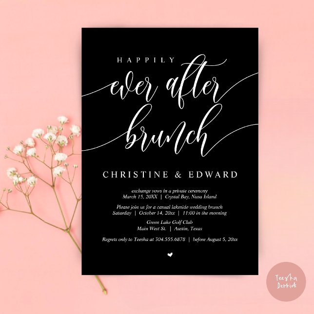 Convite Felicidade Eterna Café da Manhã de Casamento às Pr (Happily Ever After Elopement Brunch Invitation Card, Post-wedding, PDF, in Classy Black)
