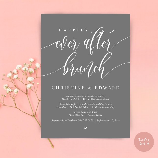 Convite Felicidade Eterna Café da Manhã para Casais, Cinza (Happily Ever After Elopement Brunch Invitation Card, Post-wedding, PDF, in Dark Grey)