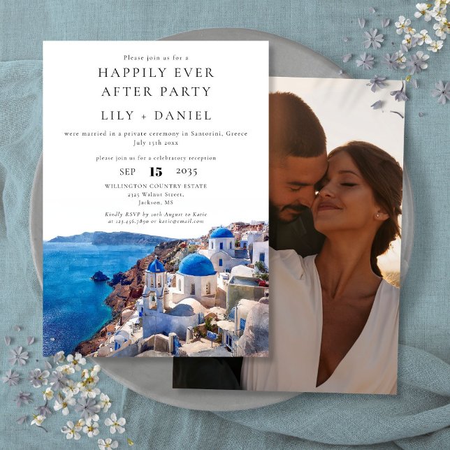 Convite Felicidade Eterna Depois de Santorini Grécia Foto  (Happily Ever After Santorini Greece Photo Wedding Invitation)